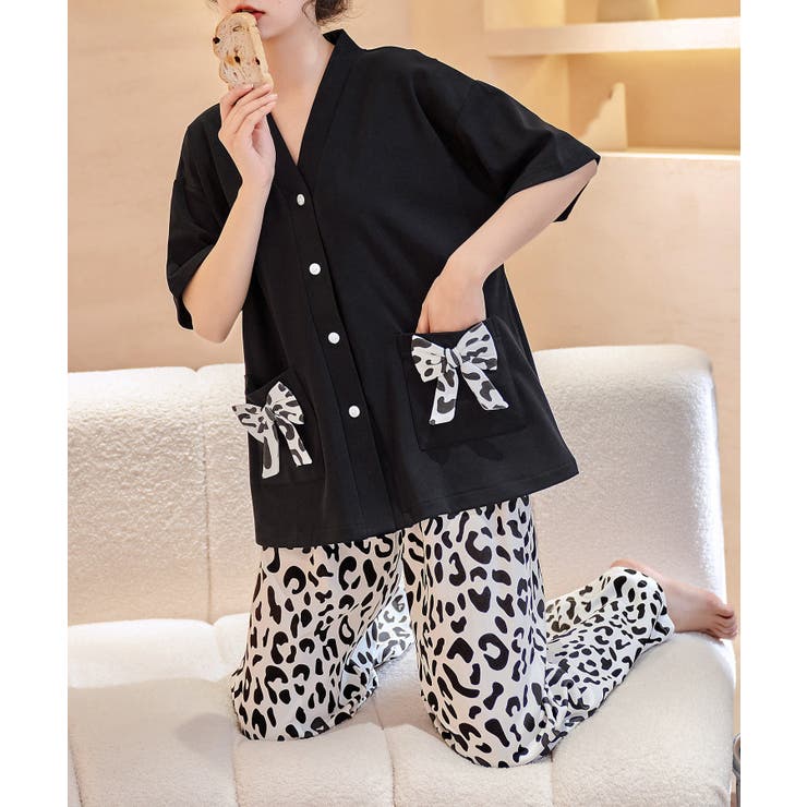 Linge de Fée シルク レオパード柄パジャマ M vネックヒョウ柄パジャマセット レオパード柄 パジャマ[品番