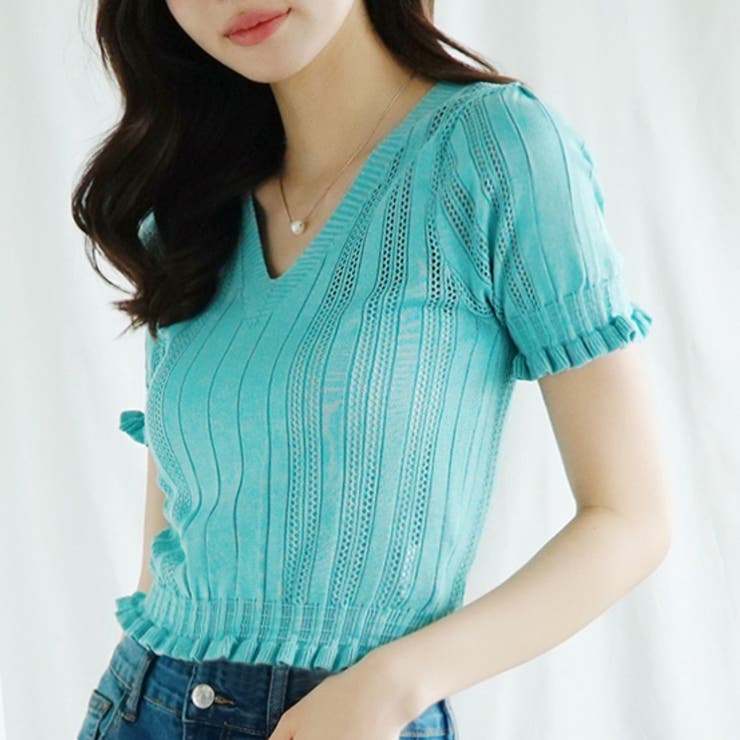 Vネックレース編みシアー半袖トップス Jasmine Grandiflorum | aimoha  | 詳細画像1 