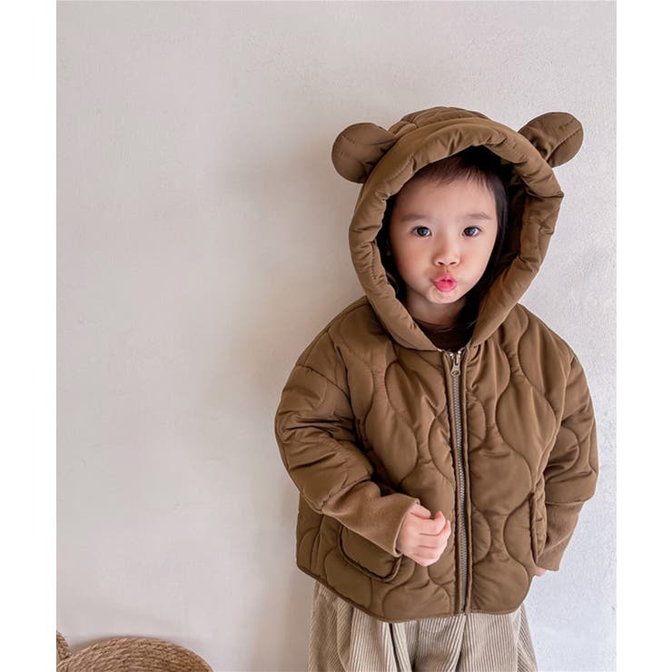 韓国子供服 クマ耳付き 暖かいフード付き中綿ジャケット[品番