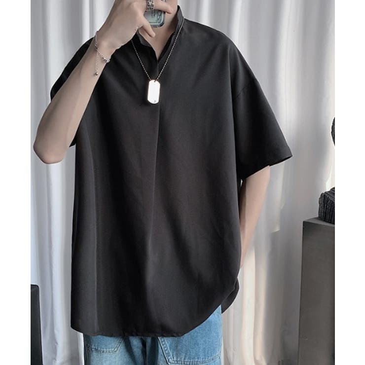 サラサラ立ち襟半袖シャツ オーバーサイズ Tシャツ[品番
