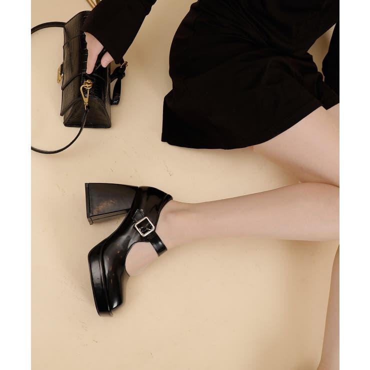 OUTLET 厚底エナメルPUパンプス 韓国ファッション[品番