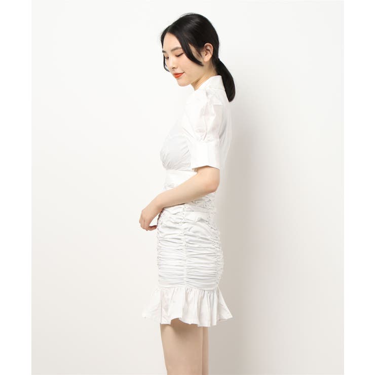 ギャザースカートシャツミニワンピース 韓国ファッション ハイウエスト ...