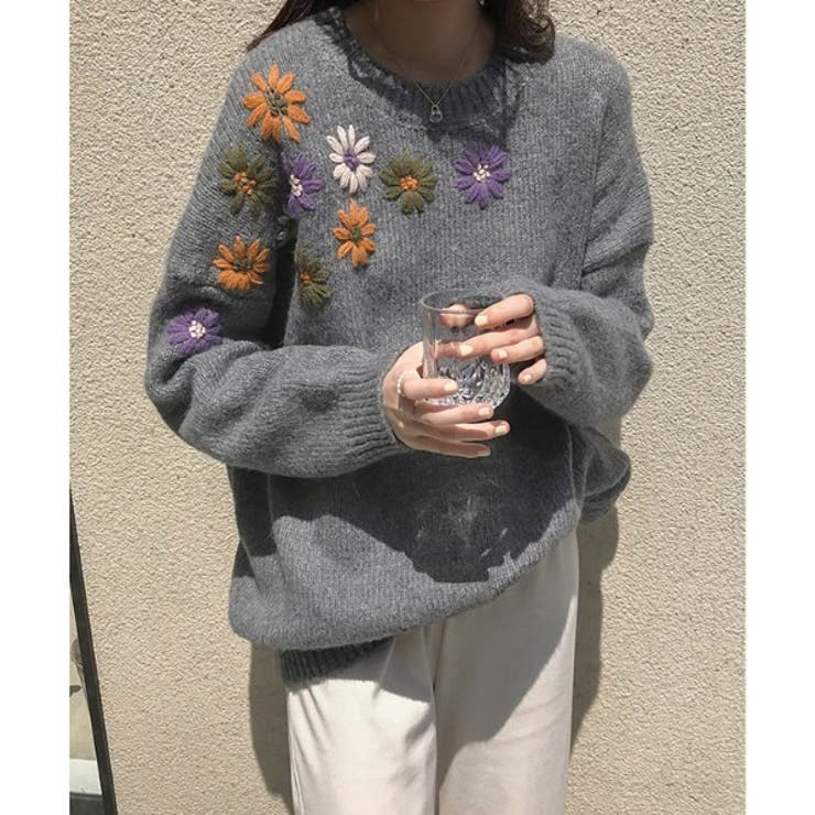 新作 花刺繍ニットセーター 韓国ファッション