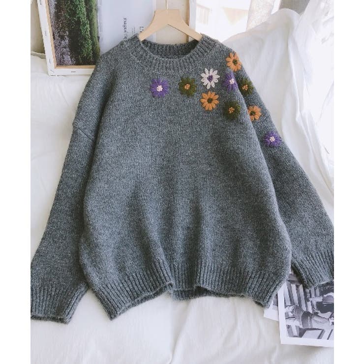 新作 花刺繍ニットセーター 韓国ファッション