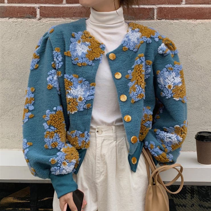 新作 花柄ボリューム感ジャケット 韓国ファッション