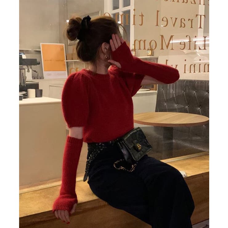 レッド | アームウォーマー付きトップス アームウォーマーニットトップスセット | aimoha 