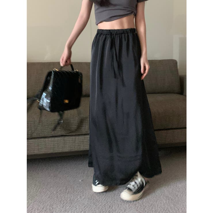 ゴム入りウエストロングスカート 韓国ファッション ハイウエスト | aimoha  | 詳細画像1 