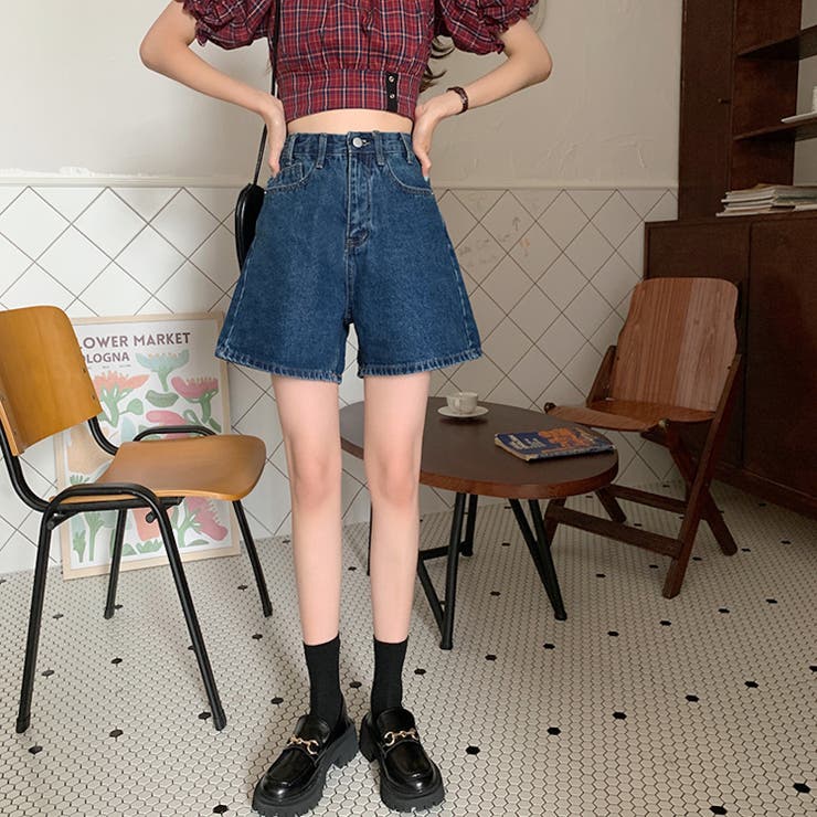 ハイウエストAラインデニムショーツ ショートパンツ 韓国ファッション | aimoha  | 詳細画像4 