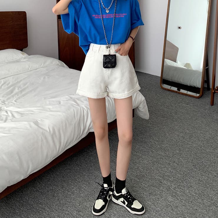 ハイウエストAラインデニムショーツ ショートパンツ 韓国ファッション | aimoha  | 詳細画像2 
