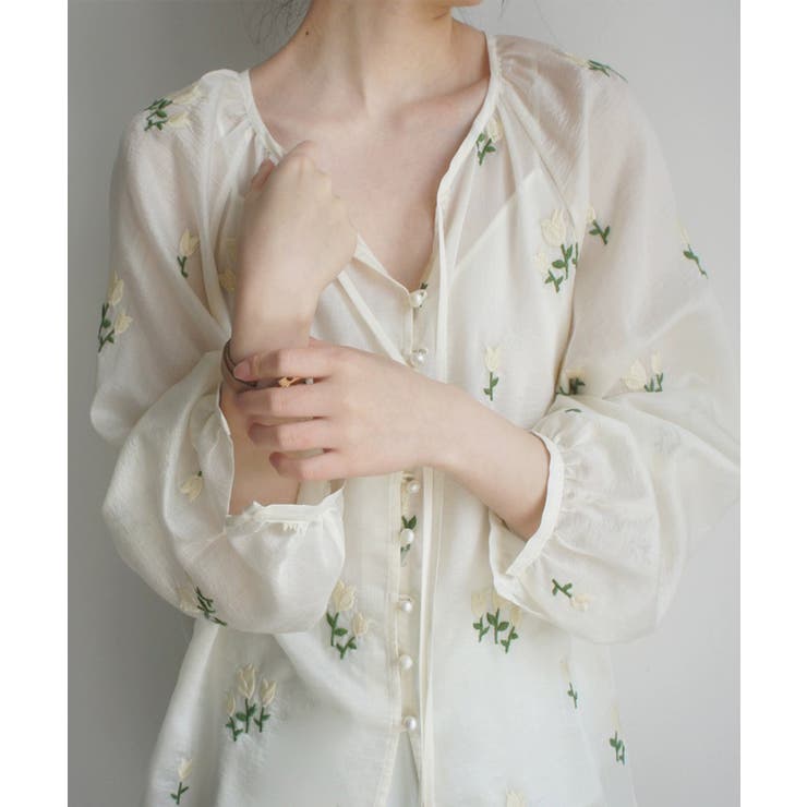 刺繍 ボリュームスリーブ シアーブラウス 韓国ファッション 春服夏服