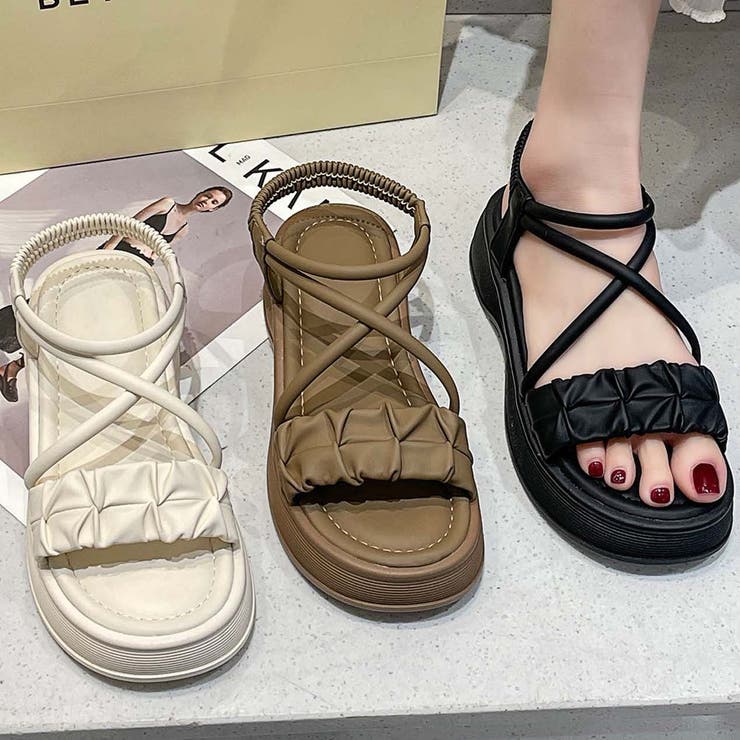 【shoes 365】クロスストラップギャザーデザイン厚底サンダル | aimoha  | 詳細画像1 