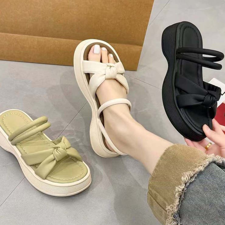 【shoes 365】リボンデザインダブルストラップ厚底サンダル | aimoha  | 詳細画像1 