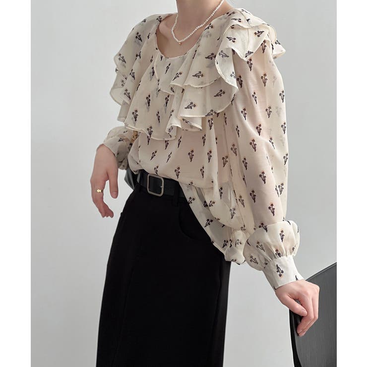 花柄 フリル衿ブラウス 韓国ファッション | aimoha  | 詳細画像1 