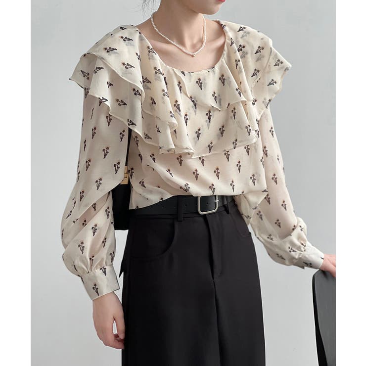 ベージュ | 花柄 フリル衿ブラウス 韓国ファッション | aimoha 