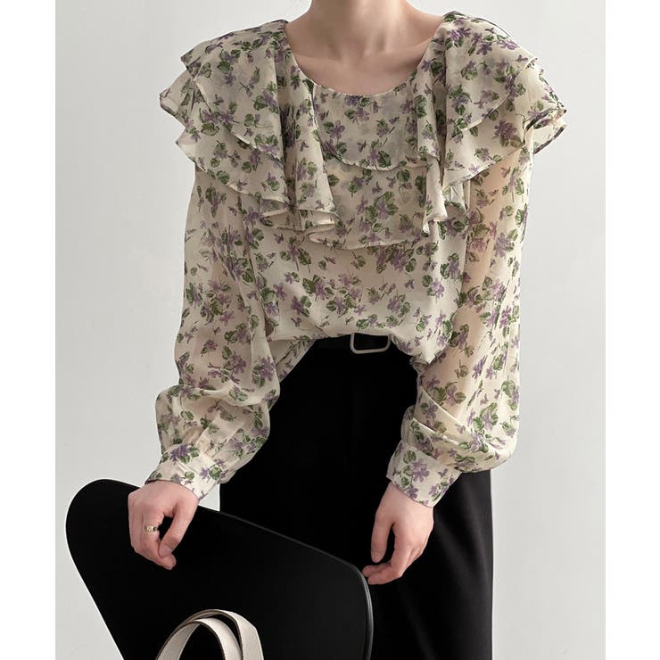 パープル | 花柄 フリル衿ブラウス 韓国ファッション | aimoha 