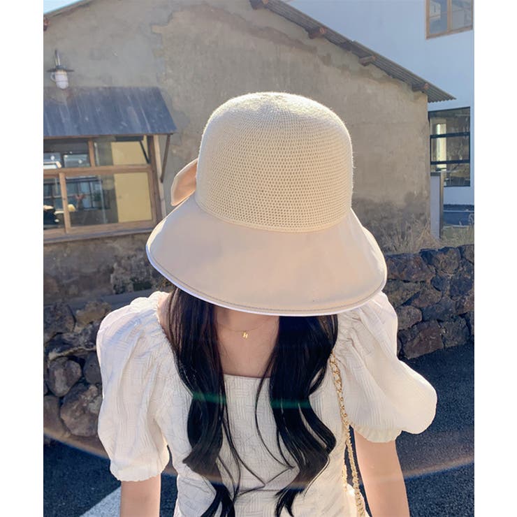 オフホワイト | 紫外線対策韓国風バックリボンハット 帽子 ペーパー | aimoha 