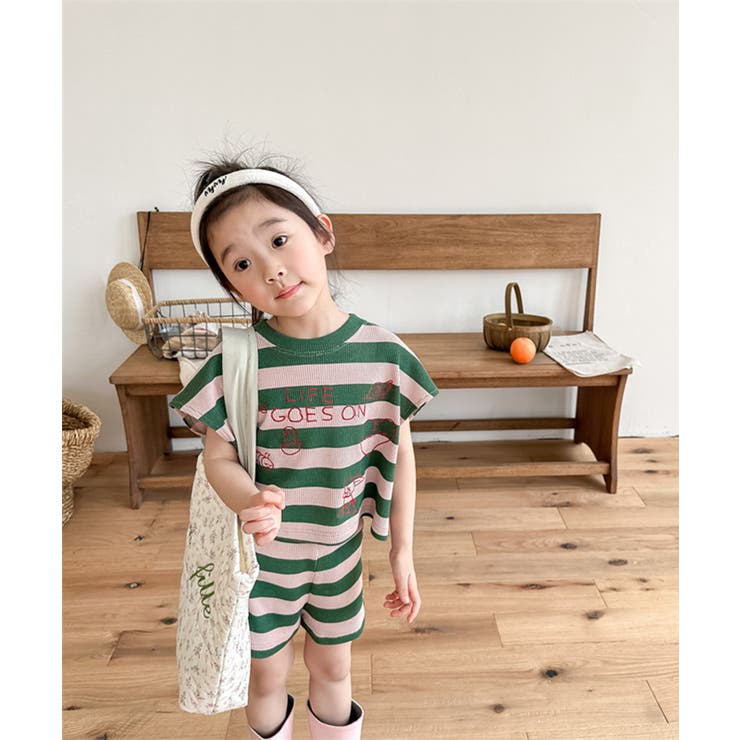 韓国子供服 フロントプリントボーダーTEE+ショットパンツ セットアップ
