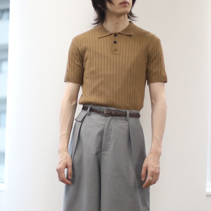 aimoha mensストライプシルエット 冷感半袖ニットポロシャツ[品番