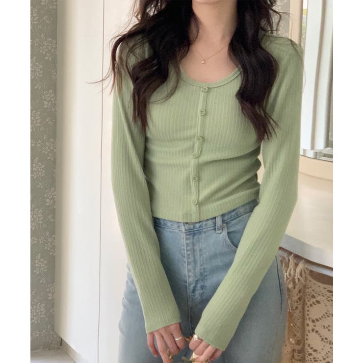 グリーン | カーディガン風トップス 韓国ファッション ハイウエスト | aimoha 