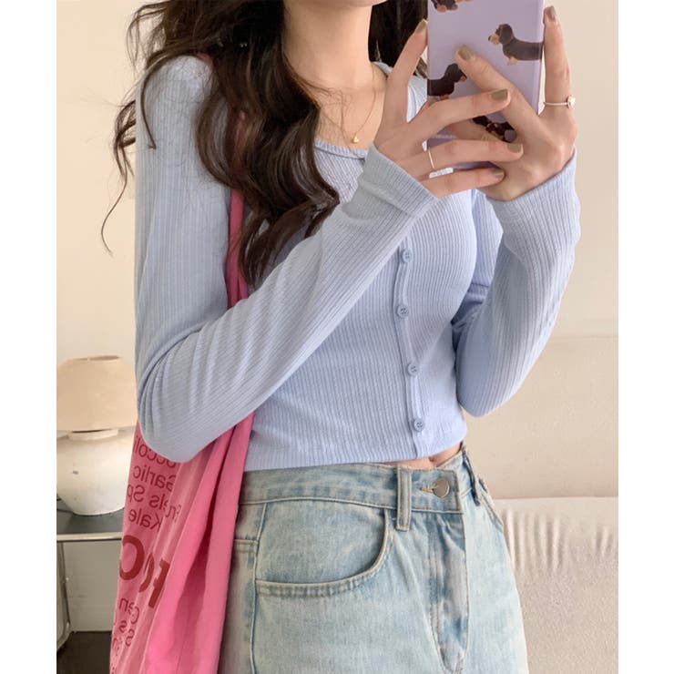 ブルー | カーディガン風トップス 韓国ファッション ハイウエスト | aimoha 