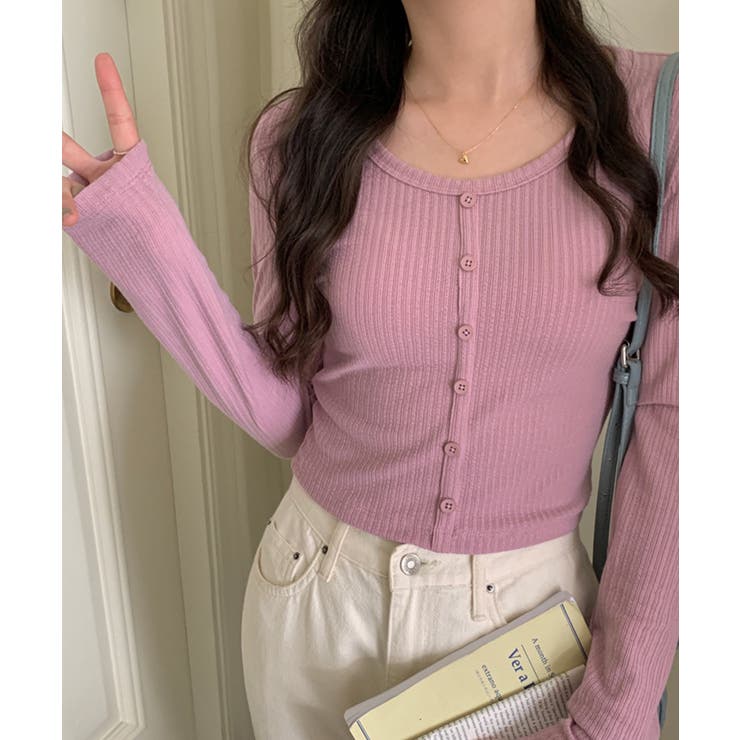 パープル | カーディガン風トップス 韓国ファッション ハイウエスト | aimoha 
