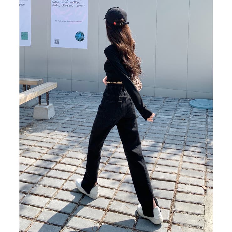 スリット入りデニムパンツ 韓国ファッション ワンピース[品番