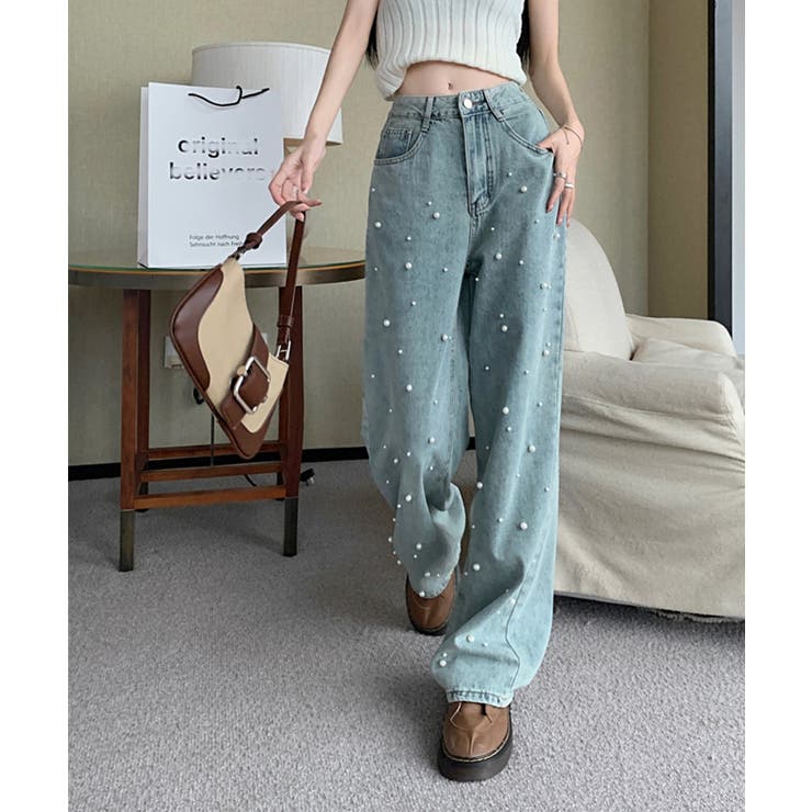 新色登場！パール付きハイウエストワイドデニム jasmine 韓国ファッション | aimoha  | 詳細画像10 