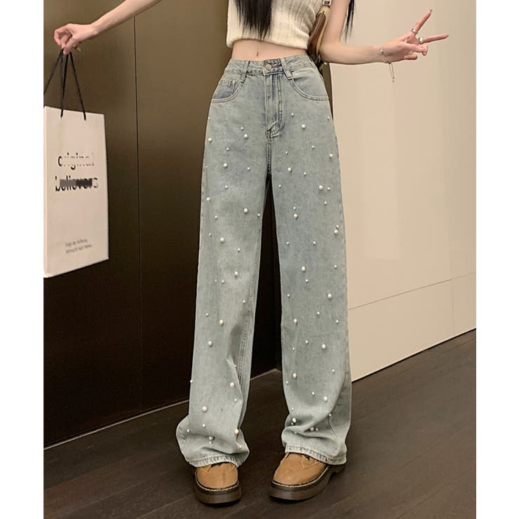 新色登場！パール付きハイウエストワイドデニム jasmine 韓国ファッション | aimoha  | 詳細画像7 