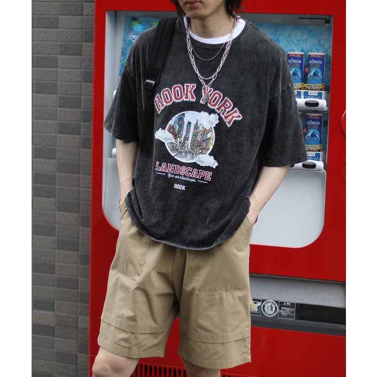 ブラック | HOOK  original 古着風都市グランジプリント半袖Tシャツ | HOOK