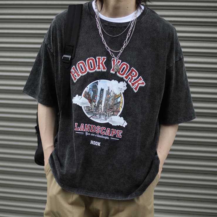 グレー】HOOK original 古着風都市グランジプリント半袖Tシャツ[品番