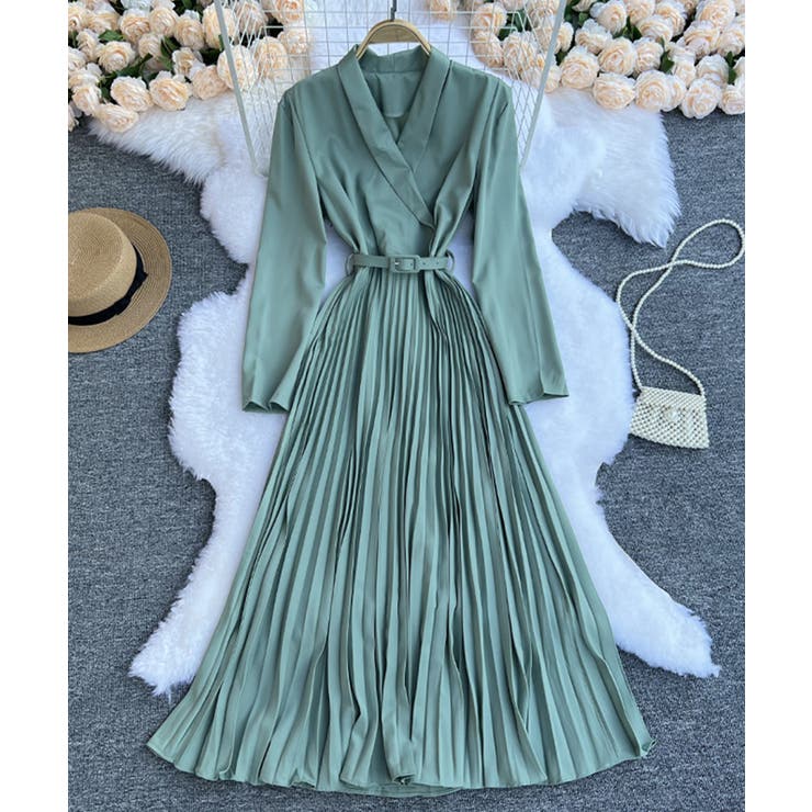 グリーン | ガウン風プリーツスカートロングワンピース 韓国ファッション ハイウエスト | aimoha 