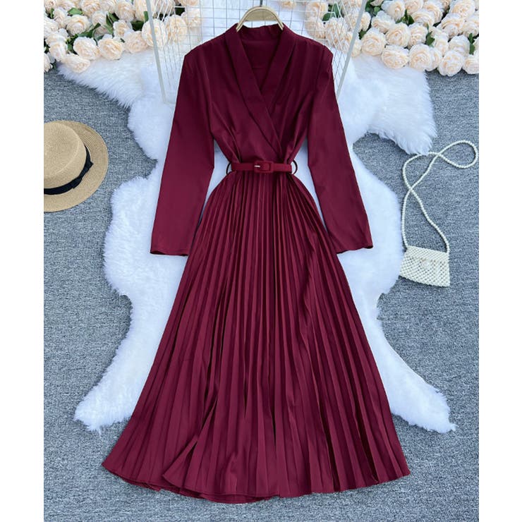 ワインレッド | ガウン風プリーツスカートロングワンピース 韓国ファッション ハイウエスト | aimoha 