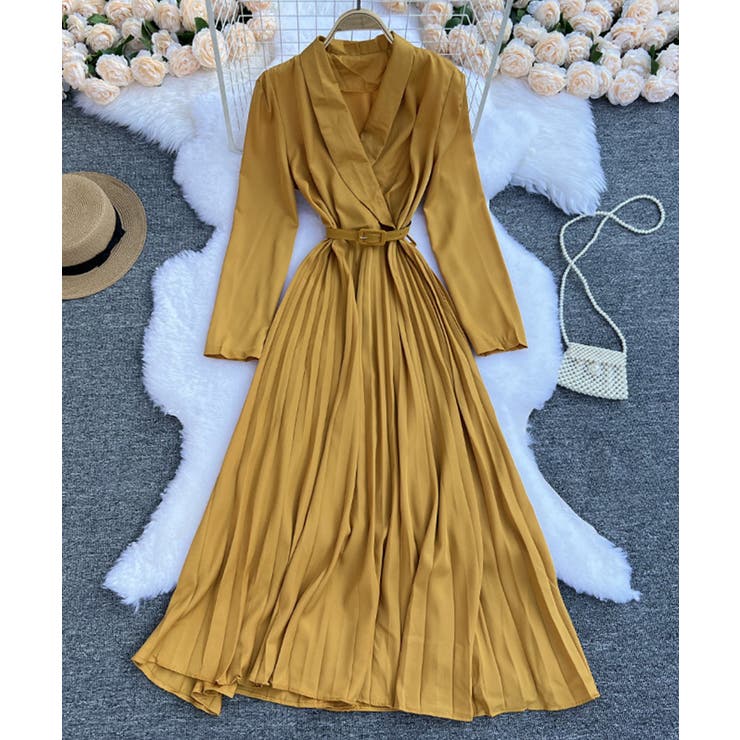 イエロー | ガウン風プリーツスカートロングワンピース 韓国ファッション ハイウエスト | aimoha 