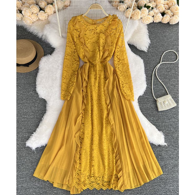 イエロー | エレガントレースワンピース ロングワンピース ロングドレス | aimoha 