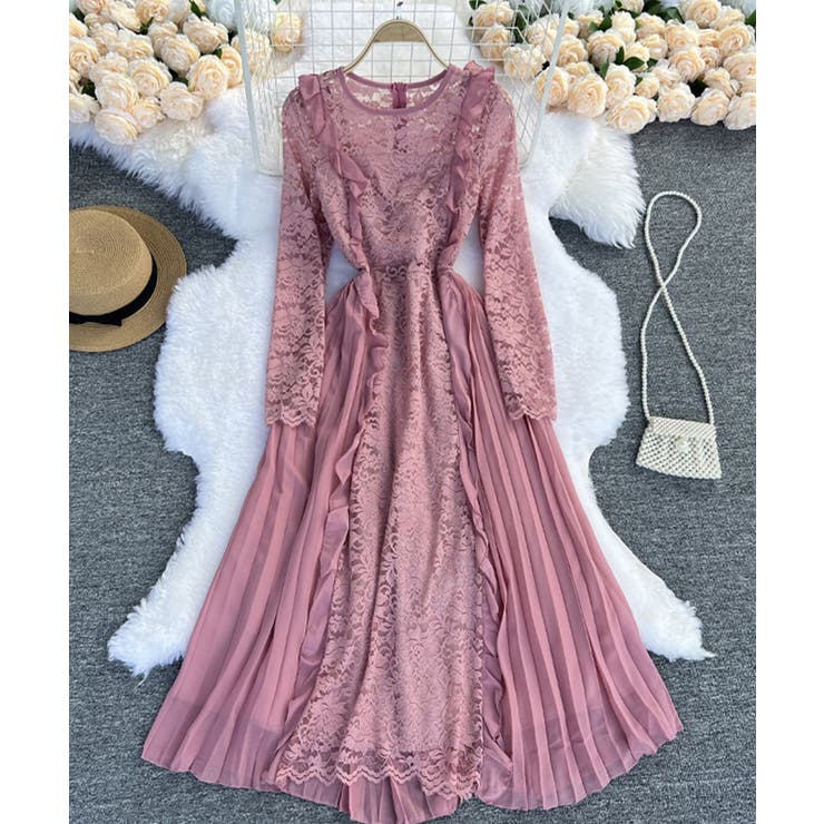 ピンク | エレガントレースワンピース ロングワンピース ロングドレス | aimoha 