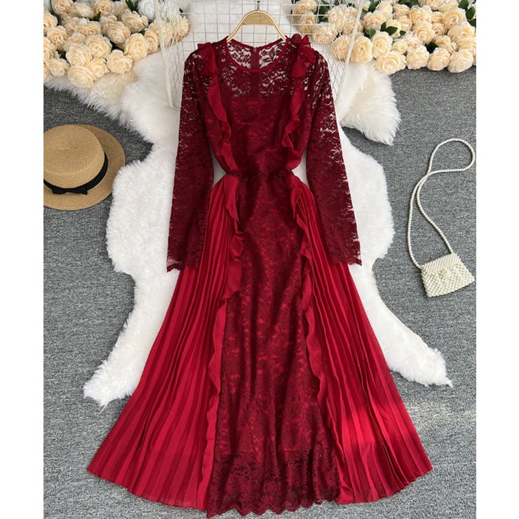 レッド | エレガントレースワンピース ロングワンピース ロングドレス | aimoha 