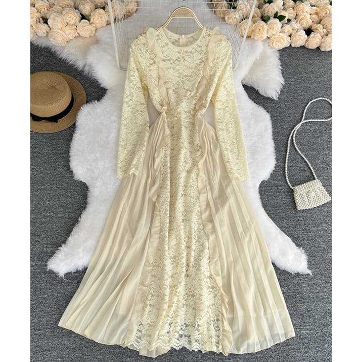 ベージュ | エレガントレースワンピース ロングワンピース ロングドレス | aimoha 