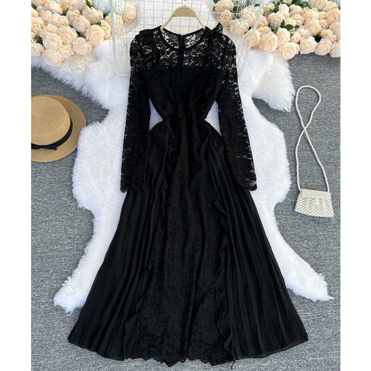 ブラック | エレガントレースワンピース ロングワンピース ロングドレス | aimoha 