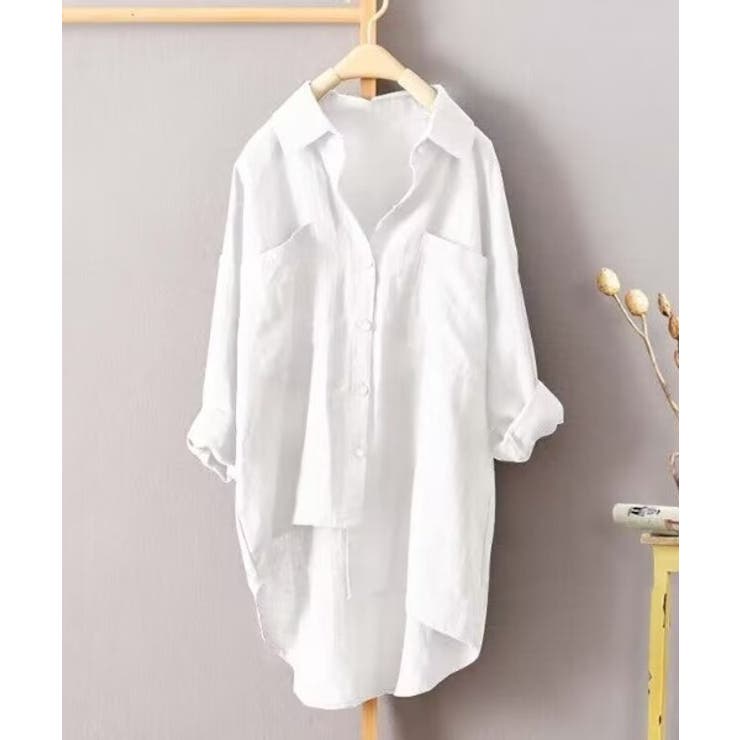 ホワイト | コットンリネン風チュニックシャツ シャツ レディース | aimoha 