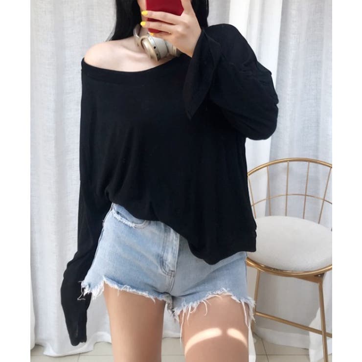 オーバー肩見せトップス 韓国ファッション ハイウエスト[品番