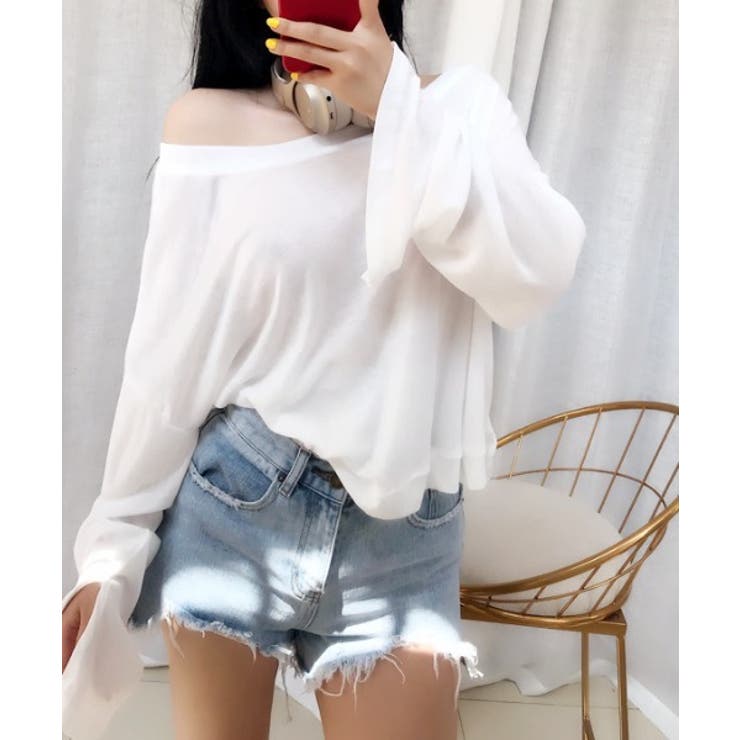 オーバー肩見せトップス 韓国ファッション ハイウエスト[品番