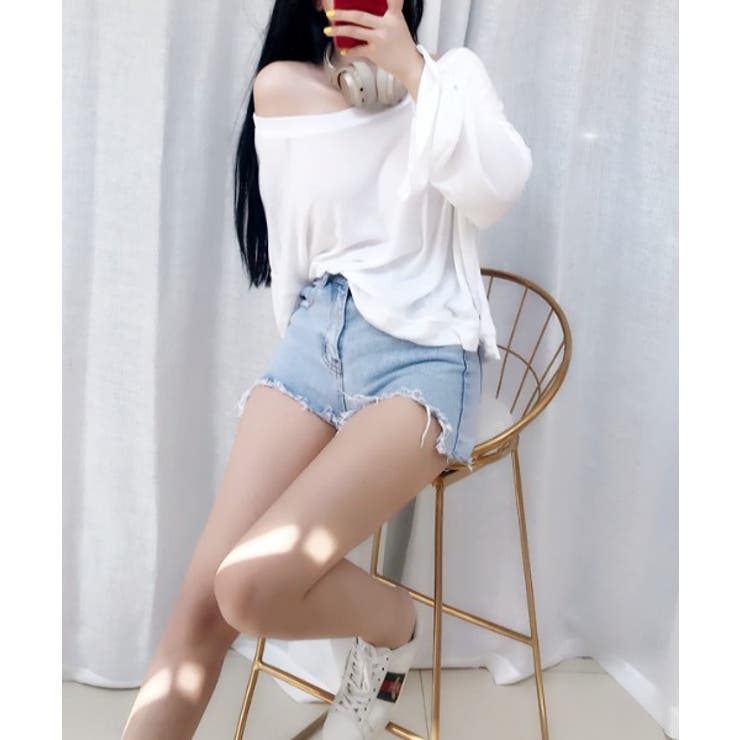 オーバー肩見せトップス 韓国ファッション ハイウエスト[品番
