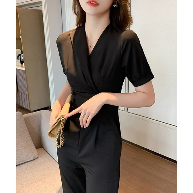 ブラック | すっきりシルエット ハイウエスト切り替オールインワン パンツドレス | aimoha 