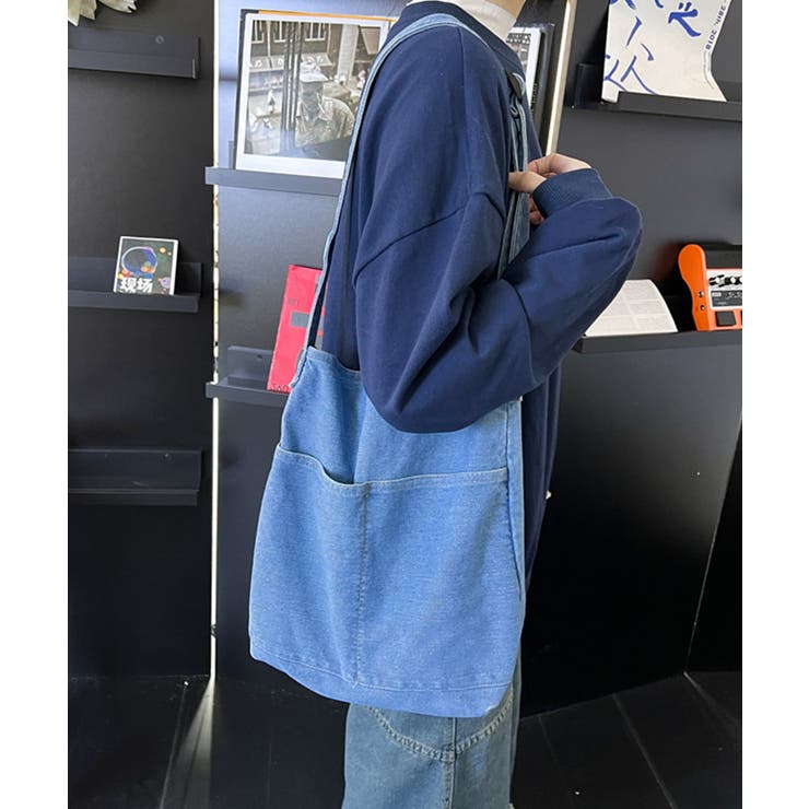 ビッグポケットデニムショルダーバッグ 男女兼用 韓国ファッション