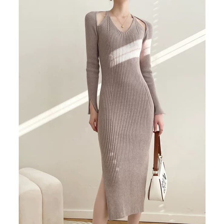 キャメル | 肩出しニットワンピース 韓国ファッション レディース | aimoha 