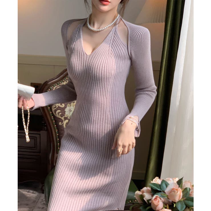 パープル | 肩出しニットワンピース 韓国ファッション レディース | aimoha 