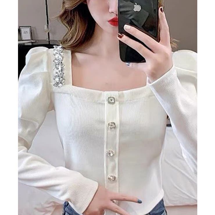 スクエアネックパワショルビジュ付きブラウス 韓国ファッション ハイウエスト | aimoha  | 詳細画像6 