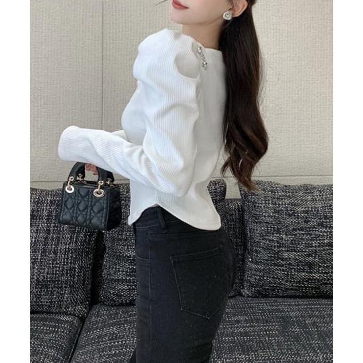 スクエアネックパワショルビジュ付きブラウス 韓国ファッション ハイウエスト | aimoha  | 詳細画像5 