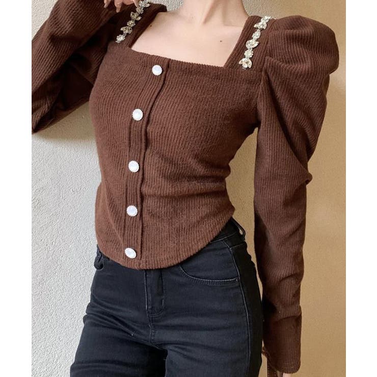 スクエアネックパワショルビジュ付きブラウス 韓国ファッション ハイウエスト | aimoha  | 詳細画像4 