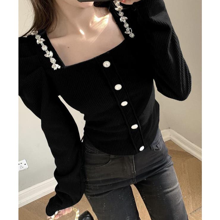 スクエアネックパワショルビジュ付きブラウス 韓国ファッション ハイウエスト | aimoha  | 詳細画像1 